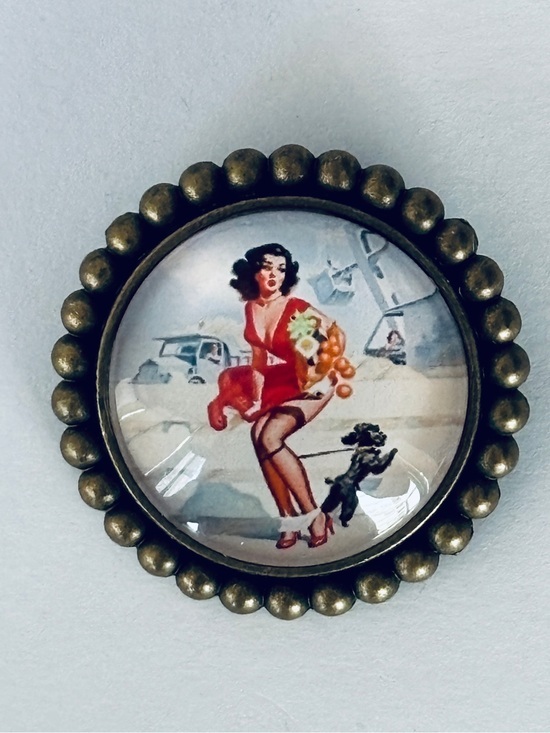 Jewelry - 25mm Pinup Girl with Dog Dome Brooch, NWT